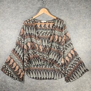 i.JOAH Womens Paisley Bell Sleeve Surplice Blouse Shirt Top Orange Black S Sheer